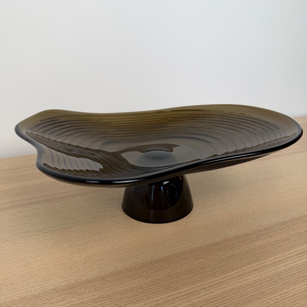 IKEA HACKPOPPEL Handmade Smoke Brown Glass Pedestal Bowl Asymmetrical Ribbed